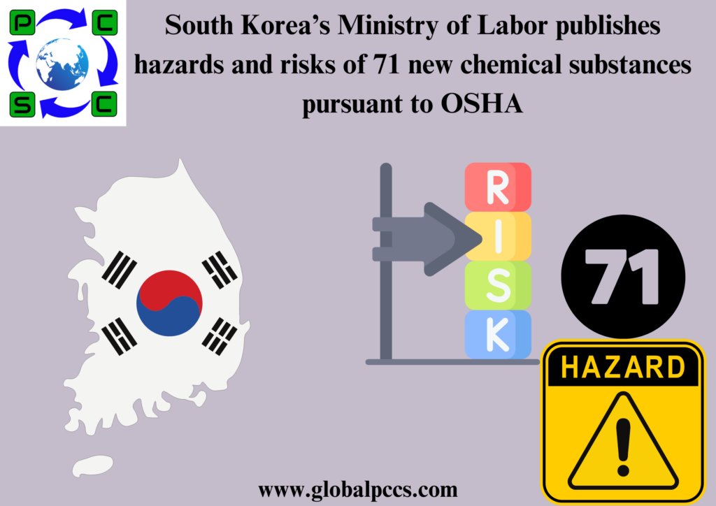 South Korea’s Ministry of Labor publishes hazards and risks of 71 new chemical substances pursuant to OSHA